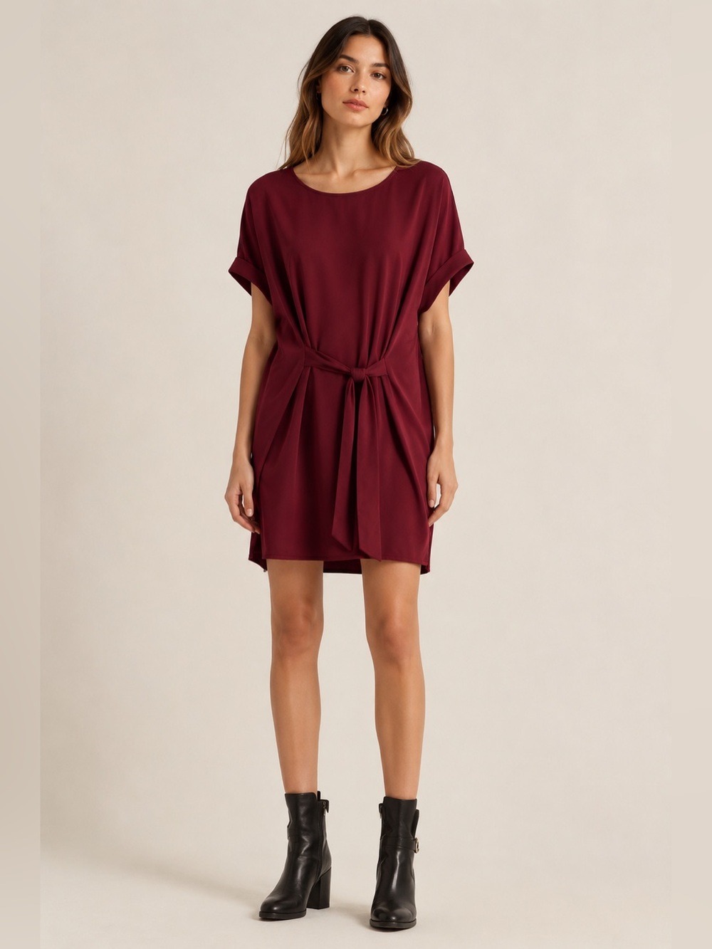 Women's Short-Sleeve Tie-Front Shift Dress - Burgundy